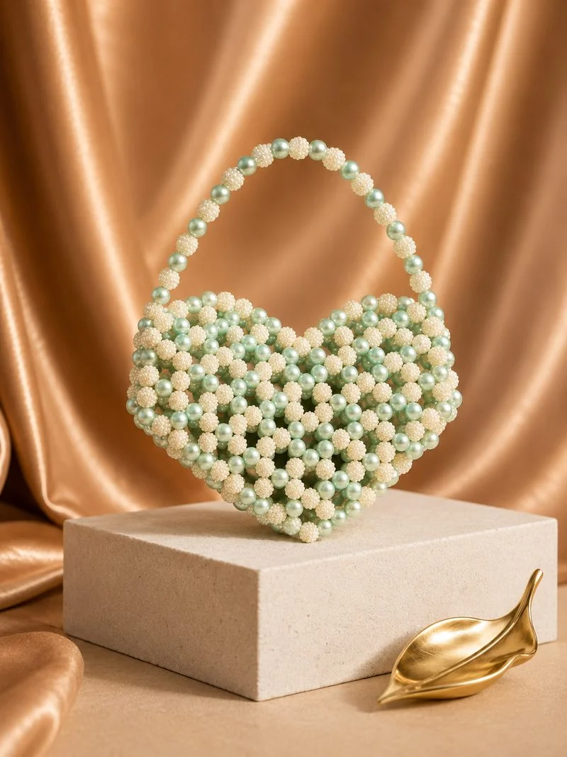 Bolso corazón verde menta tejido con cuentas